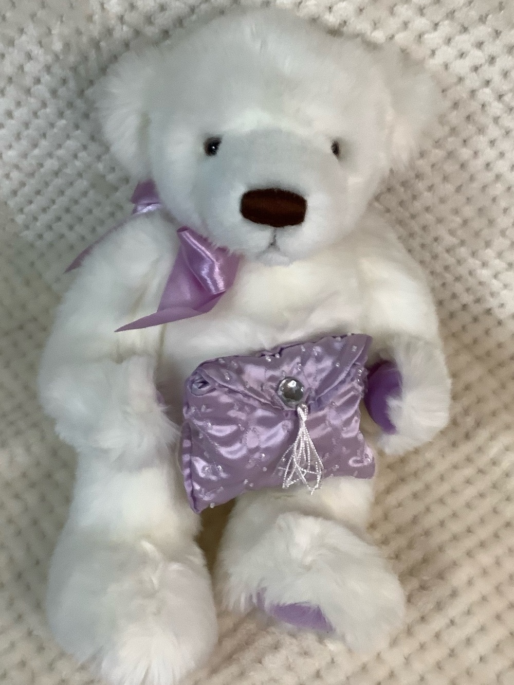 Gund White Teddy Bear 42989 with Purple Satin Bow & Beaded Pouch Stuffed Animal